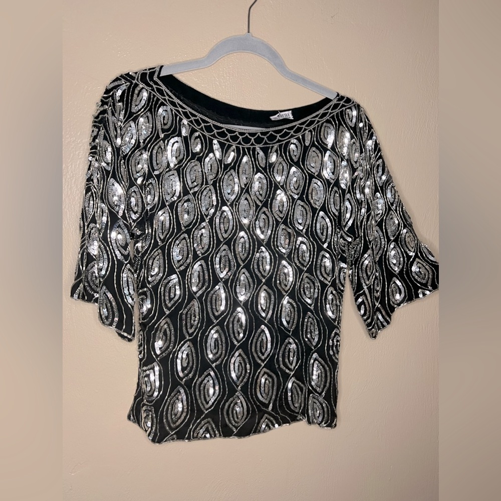 $49. Vintage 1980s 100% pure silk blouse black with silver sequins